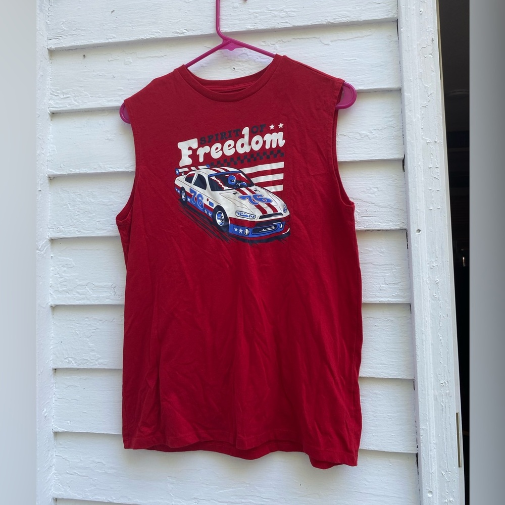 Kids Red Sleeveless Car Graphic Spirt of Freedom Racing 76 Tee Top